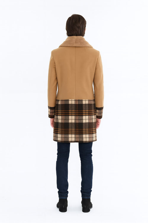 Mens Camel Brown Shawl Collar Overcoat with Plaid Wool Bottom – Double-Breasted Winter Topcoat With Fur Collar