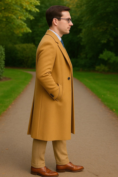 Great Gatsby Package - Mens Camel Overcoat with Beige Tweed 3-Piece Suit Combo 4 Items Formal Winter Outfit
