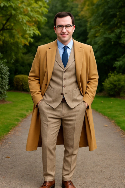 Great Gatsby Package - Mens Camel Overcoat with Beige Tweed 3-Piece Suit Combo 4 Items Formal Winter Outfit