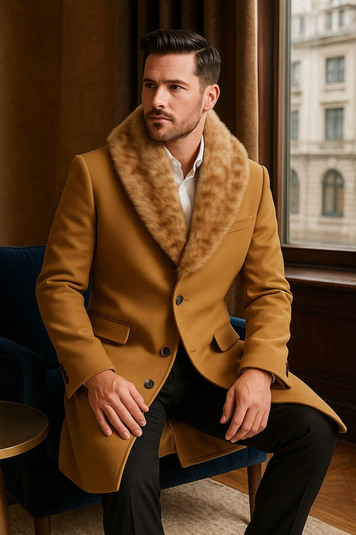 Mens Camel Overcoat with Light Faux Fur Collar - Single-Breasted Wool Dress Coat by USA Men's Outlet