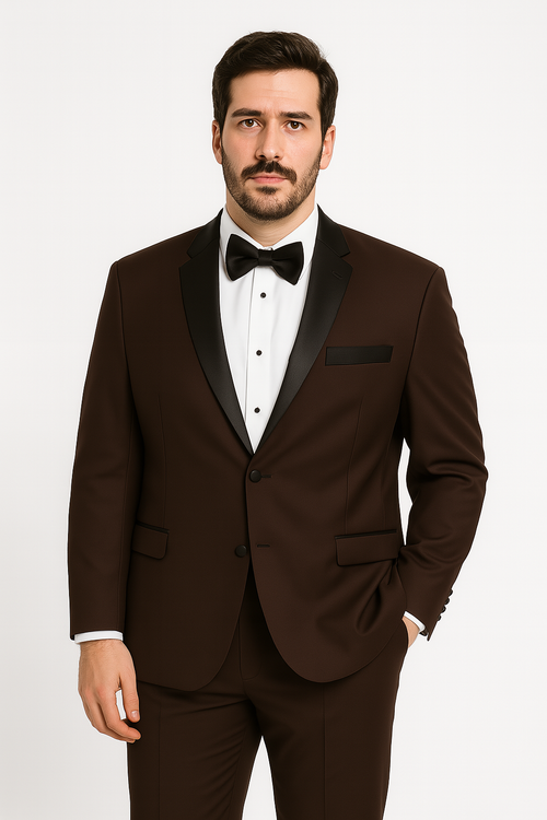 Mens Chocolate Brown Tuxedo with Black Satin Peak Lapel - Formal Wedding and Prom Suit by USA Men's Outlet