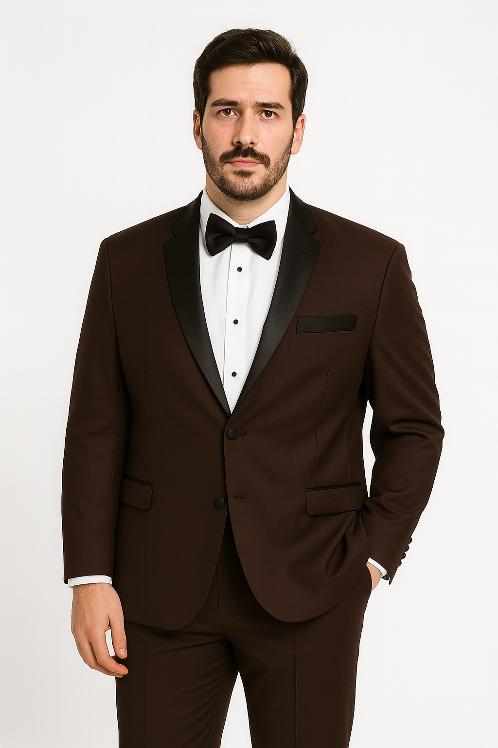 Mens Chocolate Brown Tuxedo with Black Satin Peak Lapel – Formal Wedding and Prom Suit – SuitUSA