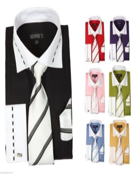 Fashion Tie & Hanky French Cuff Style White Collar Two Toned Contrast Multi-color Men's Dress Shirt by USA Men's Outlet