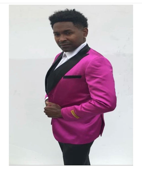 Mens Fuchsia Pink Satin Tuxedo Jacket with Black Peak Lapel – Bold Slim Fit Formal Suit