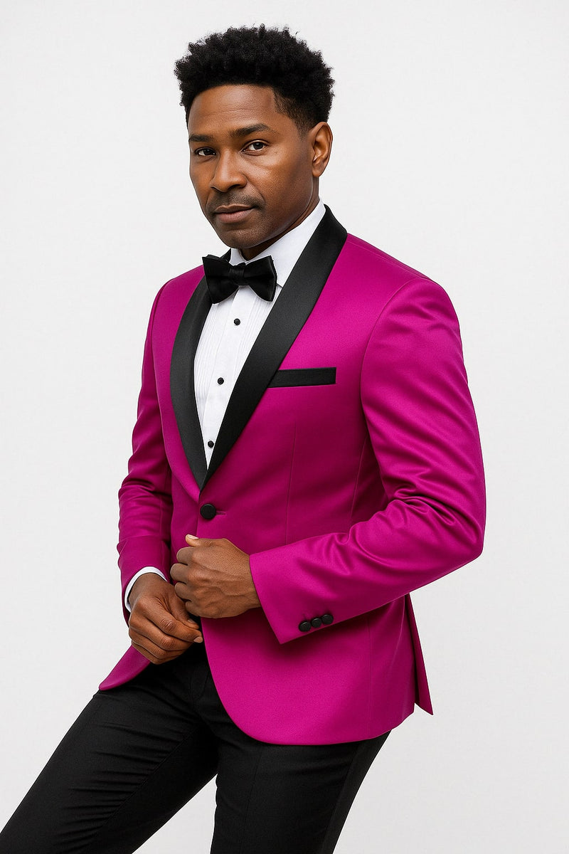 Mens Fuchsia Pink Satin Tuxedo Jacket with Black Peak Lapel – Bold Slim Fit Formal Suit