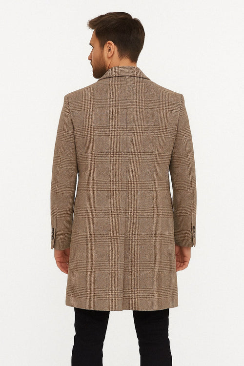 Mens Gray and Light Brown Glen Plaid Wool Overcoat - Double-Breasted Vintage Check Coat by USA Men's Outlet