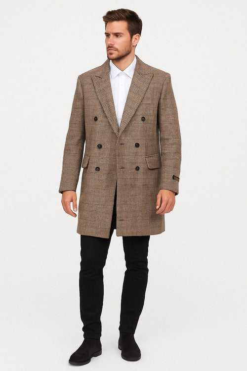 Mens Gray and Light Brown Glen Plaid Wool Overcoat - Double-Breasted Vintage Check Coat by USA Men's Outlet