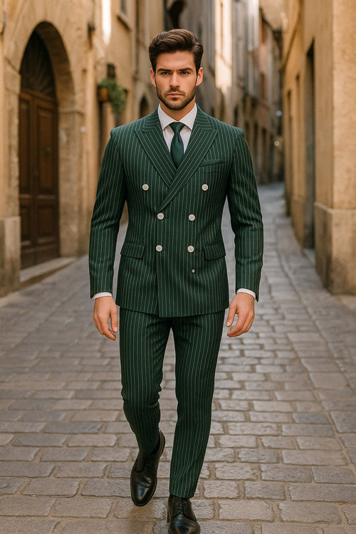 Mens Green Pinstripe Double-Breasted Suit - Slim Fit 2 Piece Formal Business Suit with Peak Lapel 1920s Gangster Pinstripe USA Men's Outlet