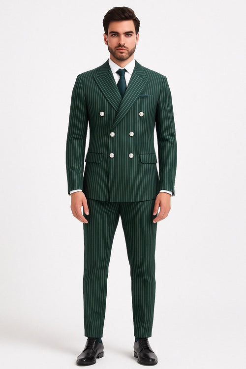Mens Green Pinstripe Double-Breasted Suit - Slim Fit 2 Piece Formal Business Suit with Peak Lapel 1920s Gangster Pinstripe USA Men's Outlet