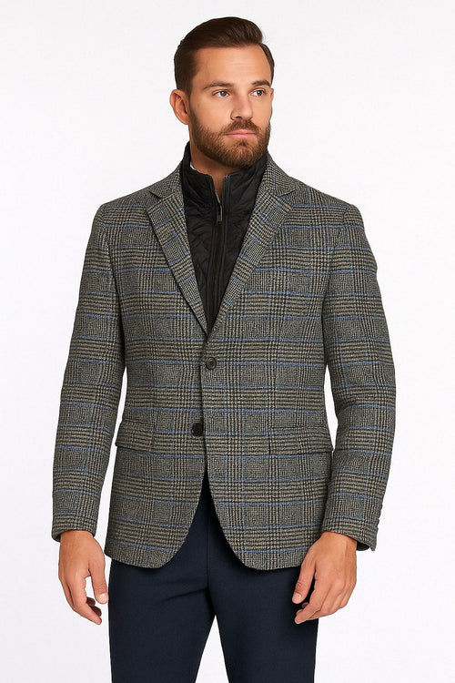 Mens Grey and Blue Glen Check Wool Blazer with Quilted Inner Layer