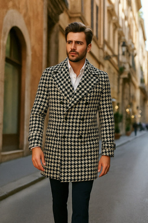 Mens Houndstooth Double-Breasted Wool Peacoat - Black and White Wool Short Coat Slim Fit USA Men's Outlet