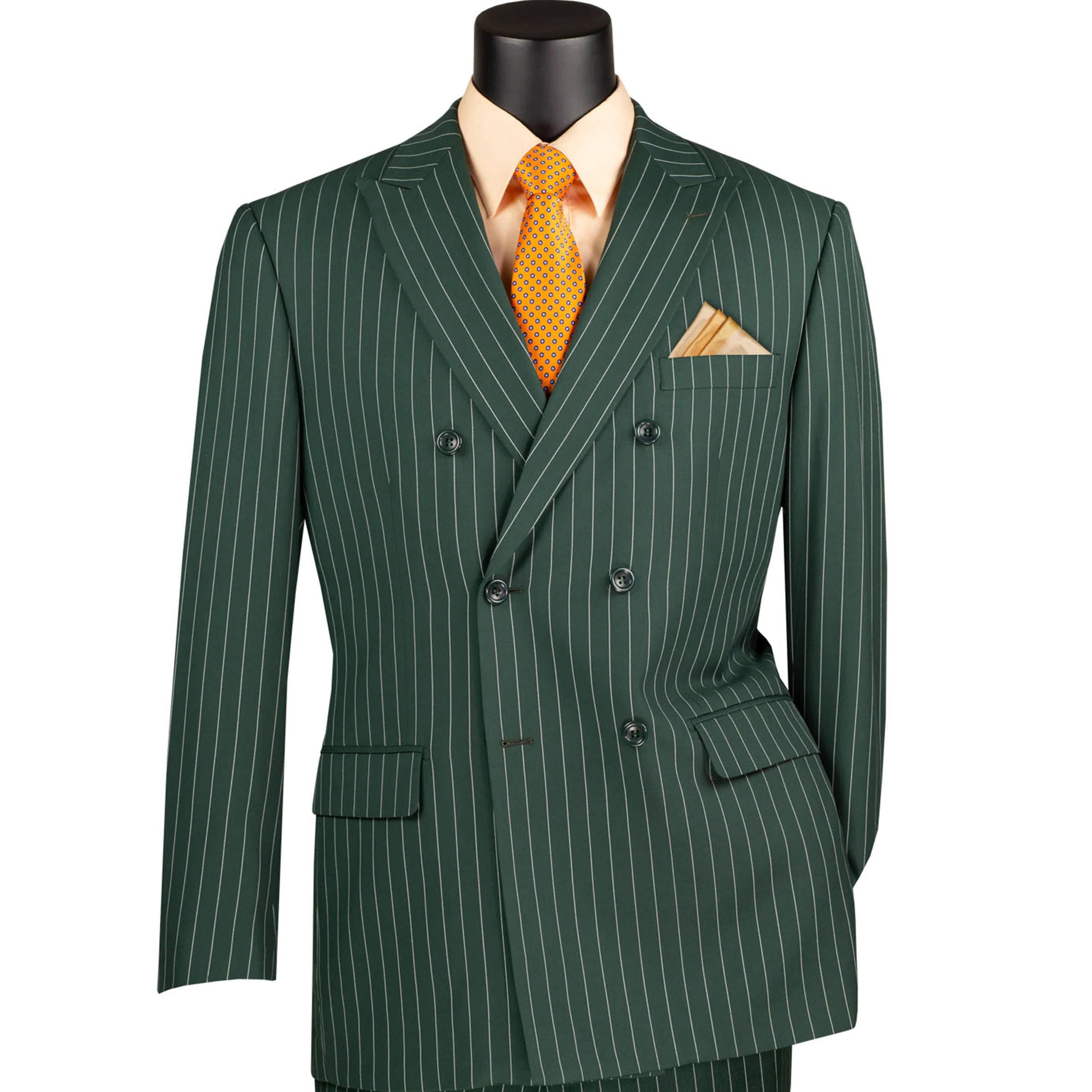 Mens Hunter Green Pinstripe Double-Breasted Suit – Bold 6-Button Vintage Gangster Style 1920s Look