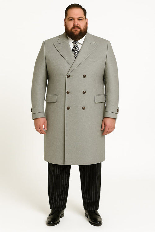 Mens Light Gray Double-Breasted Wool Overcoat - Classic Long Dress Coat for Winter by USA Men's Outlet