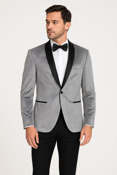 Mens Light Gray Velvet Tuxedo Jacket – Slim Fit Shawl Lapel Formal Blazer + Black Pants Included