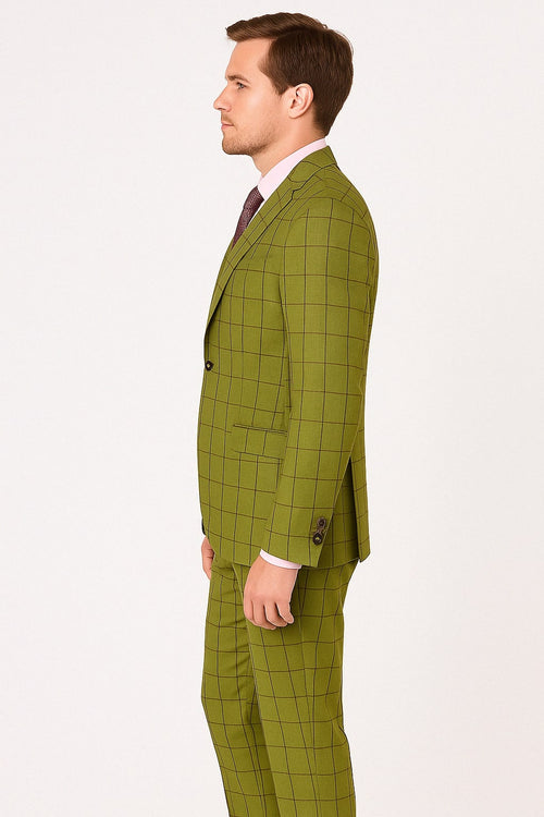 Mens Light Olive Green Three-Piece Plaid Suit with Notch Lapel - Sage Green Windowpane Pattern USA Men's Outlet