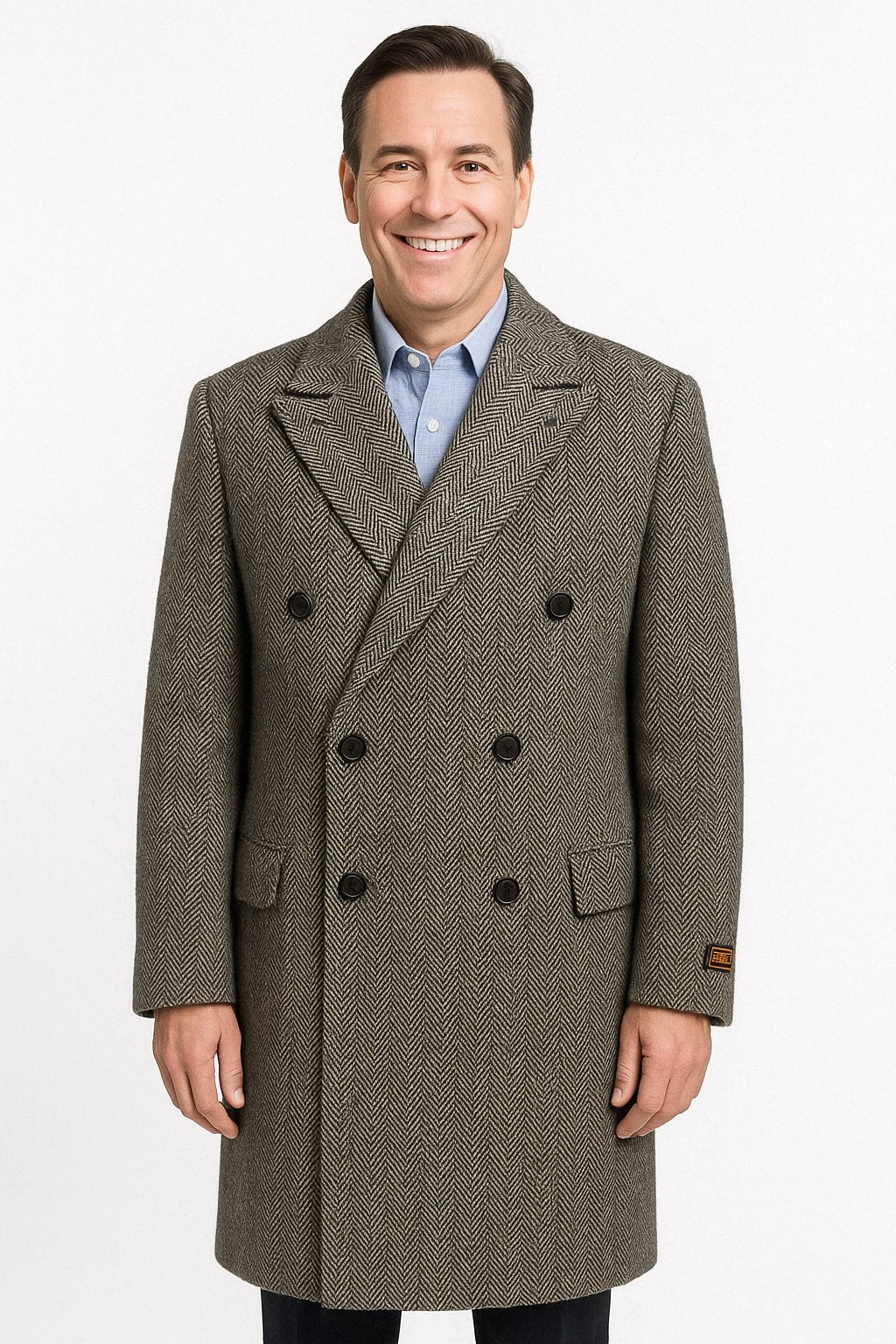 Mens Long Herringbone Wool Overcoat – Classic Double-Breasted Winter Topcoat – SuitUSA