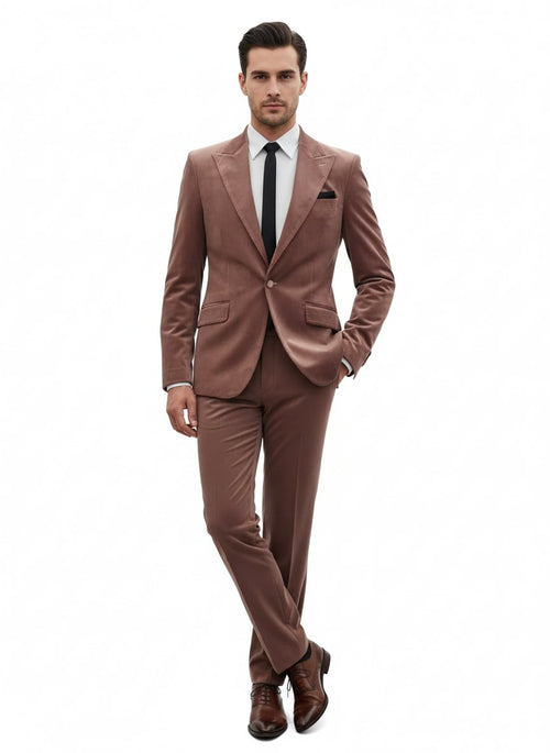 Mens Mauve Velvet Suit - 2 Piece Ultra Slim Fit Blazer and Pants Formal Set in Light Brown Tuxedo by USA Men's Outlet