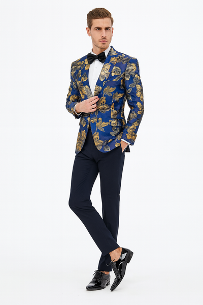 Mens Navy Blue and Gold Floral Tuxedo Jacket – Luxury Slim Fit Blazer with Gold Pattern Paisley Pattern Matching Bowtie