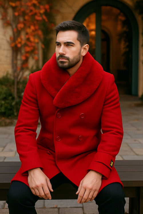 Mens Peacoat Color Red Color - Wool Overcoat with Faux Fur Shawl Collar – Double-Breasted Peacoat for Winter