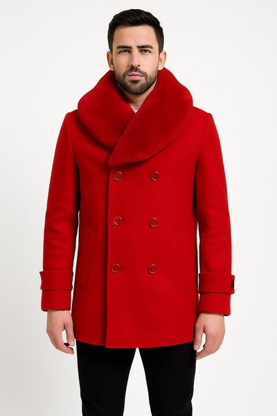 Mens Peacoat Color Red Color - Wool Overcoat with Faux Fur Shawl Collar – Double-Breasted Peacoat for Winter