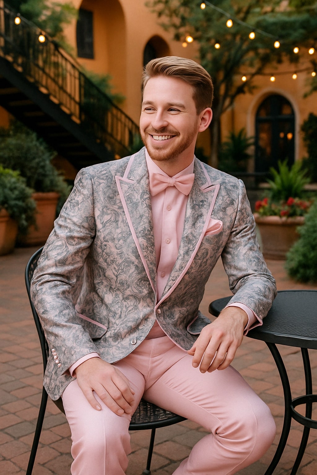 Mens Pink and Grey Floral Tuxedo with Satin Trim – Prom and Wedding Suit with Bow Tie and Flower Pin – SuitUSA
