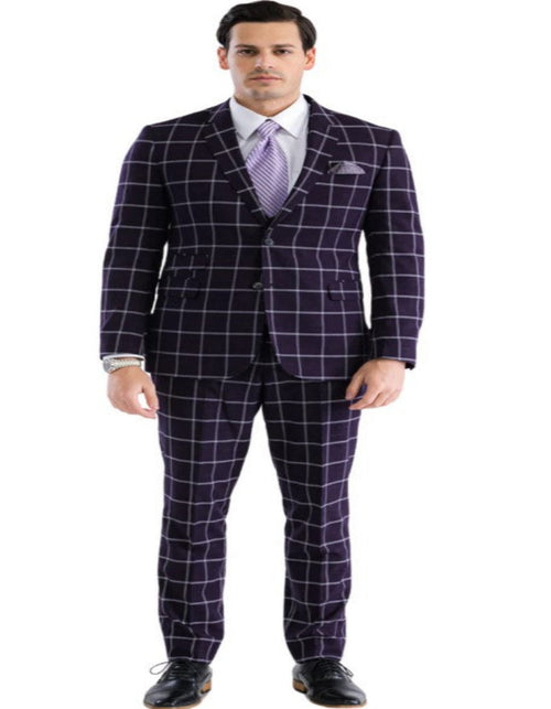 Mens Plaid Suit - Windowpane Pattern With Vest - Business Suit Burgundy by USA Men's Outlet