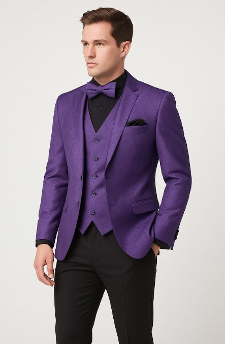 Mens Purple Paisley Tuxedo – 3 Piece Suit with Bow Tie and Black Pants | Wedding & Prom Outfit - Slim Fitted