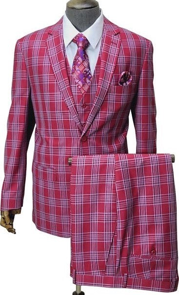 Mens Red Plaid Three-Piece Suit - Bold Checkered Pattern with Vest and Matching Pants by USA Men's Outlet