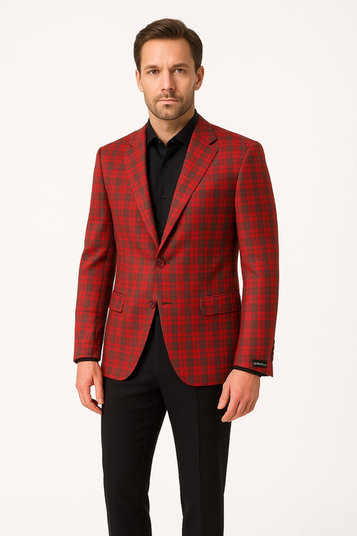 Mens Red Plaid Modern Fit Windowpane Check Blazer - Christmas Holiday Sport Coat Tartan Look
