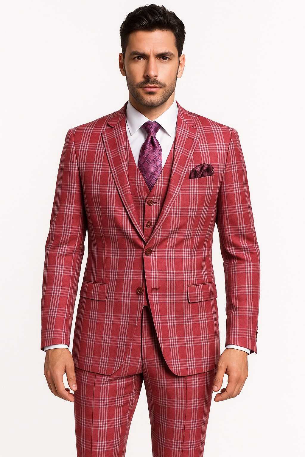 Mens Red Plaid Three-Piece Suit – Bold Checkered Pattern with Vest and Matching Pants – SuitUSA