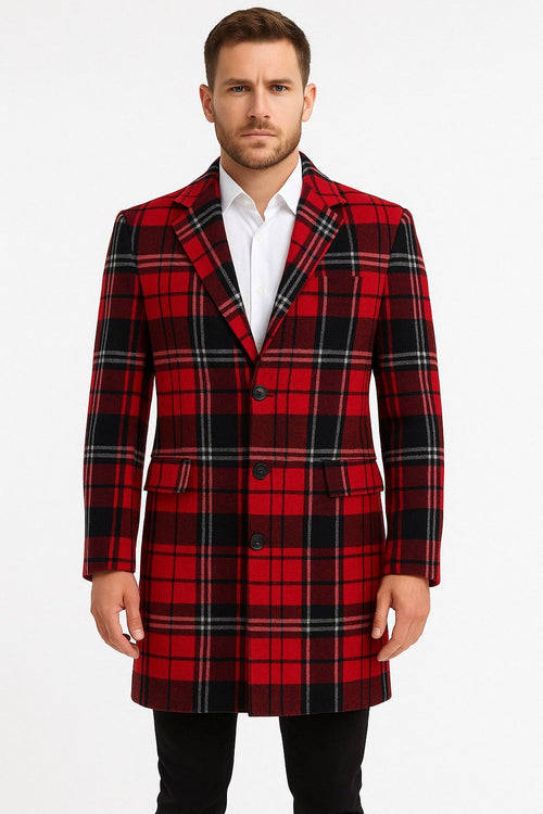 Mens Red and Black Plaid Wool Overcoat with Notch Lapel by USA Men's Outlet