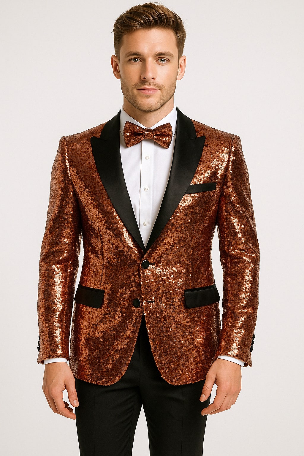 Mens Rose Gold Sequin Tuxedo Jacket with Black Satin Shawl Lapel and Matching Bow Tie – SuitUSA