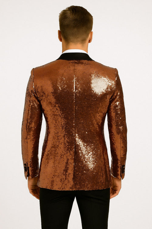 Mens Rose Gold Sequin Tuxedo Jacket with Black Satin Shawl Lapel and Matching Bow Tie by USA Men's Outlet