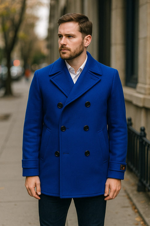 Mens Royal Blue Double-Breasted Wool Peacoat - Alberto Nardoni Collection USA Men's Outlet