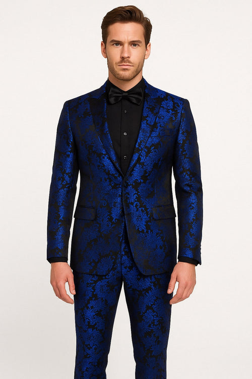 Mens Royal Blue Metallic Floral Suit – Black Background Two Piece Tuxedo Set