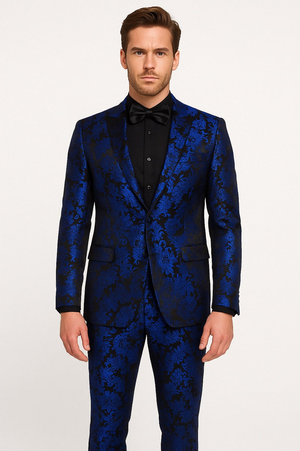 Mens Royal Blue Metallic Floral Suit – Black Background Two Piece Tuxedo Set – SuitUSA