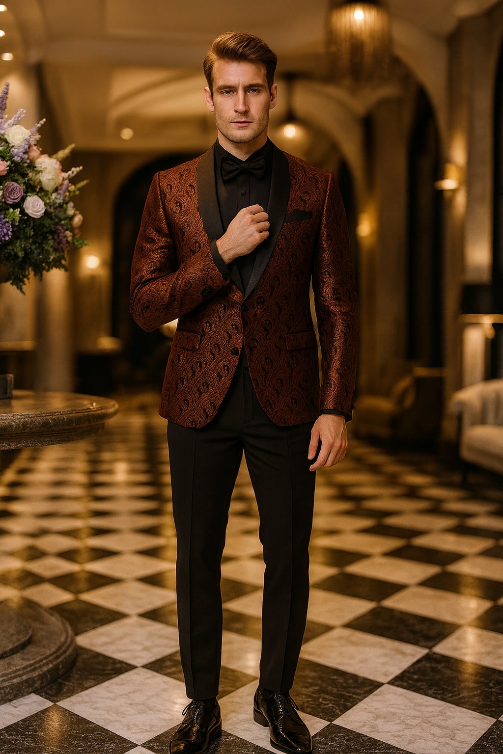 Mens Rust Copper Brick Color Paisley Tuxedo Jacket Dinner and Wedding Blazer With Black Pants Matching Bowtie