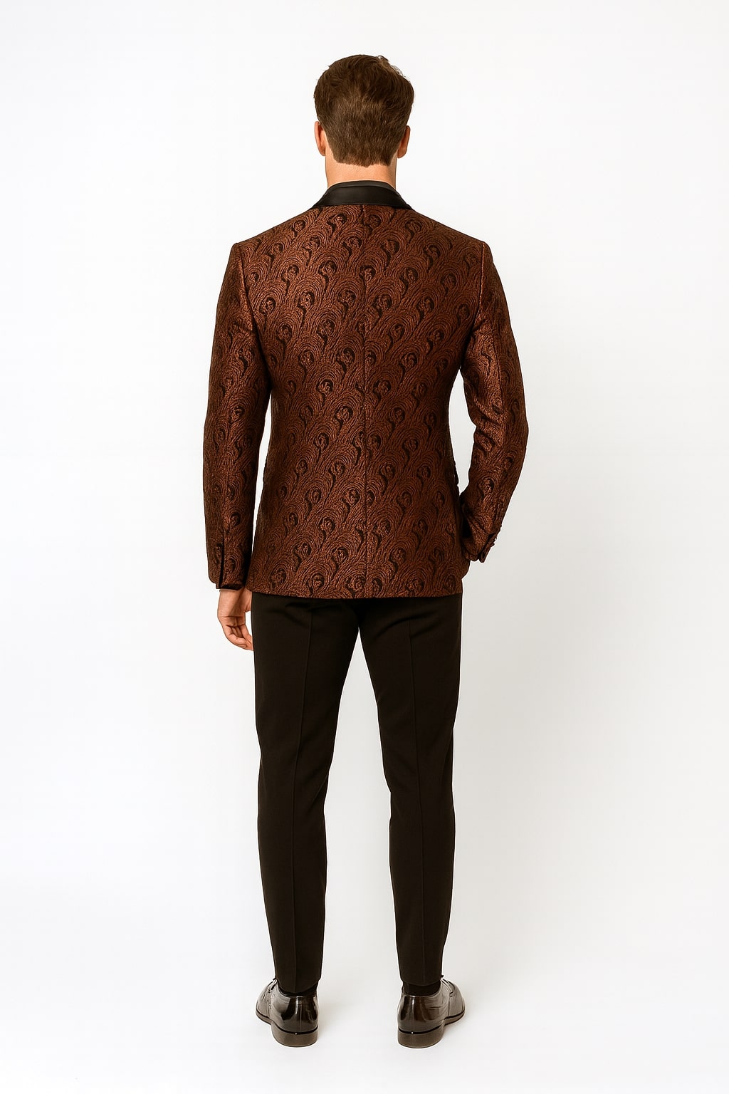 Mens Rust Copper Brick Color Paisley Tuxedo Jacket Dinner and Wedding Blazer With Black Pants Matching Bowtie