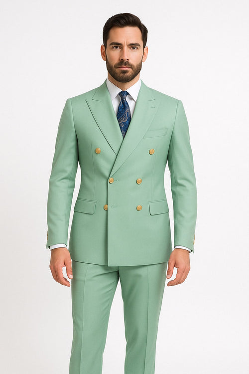 Mens Sage Green Double-Breasted Suit with Gold Buttons - Formal Slim Fit 2-Piece Pistachio Color by USA Men's Outlet