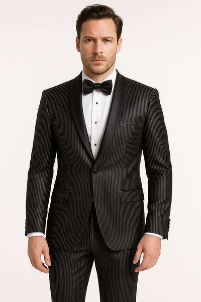 Mens Shiny Black Glitter Tuxedo with Satin Shawl Lapel – Ultra Slim Fit Sparkle Suit for Weddings, Proms & Formal Events