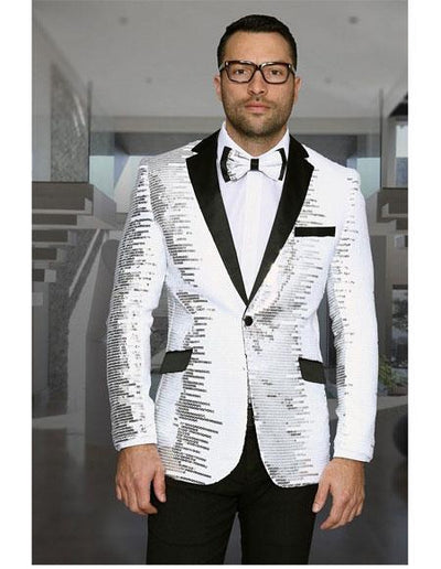 Men's Shiny Sequin 1 Button White & Black Blazer ~ Black Dinner Jacket by mensusa