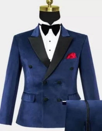 Men Six Button Navy Blue Velvet Double Breasted Tuxedo by Men's Tuxedo USA