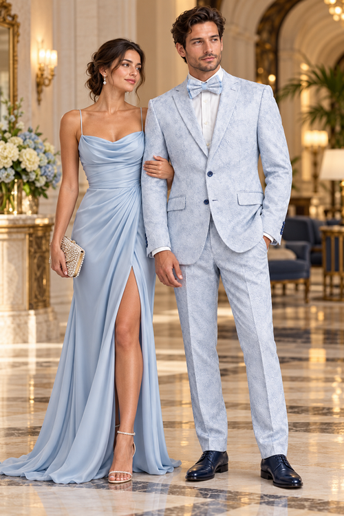 Men Paisley Suit Color Jacket Pants Sky Powder Blue - Light blue Prom Floral Pattern Wedding Groom
