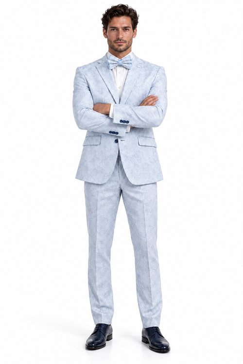 Men Paisley Suit Color Jacket Pants Sky Powder Blue - Light blue Prom Floral Pattern Wedding Groom
