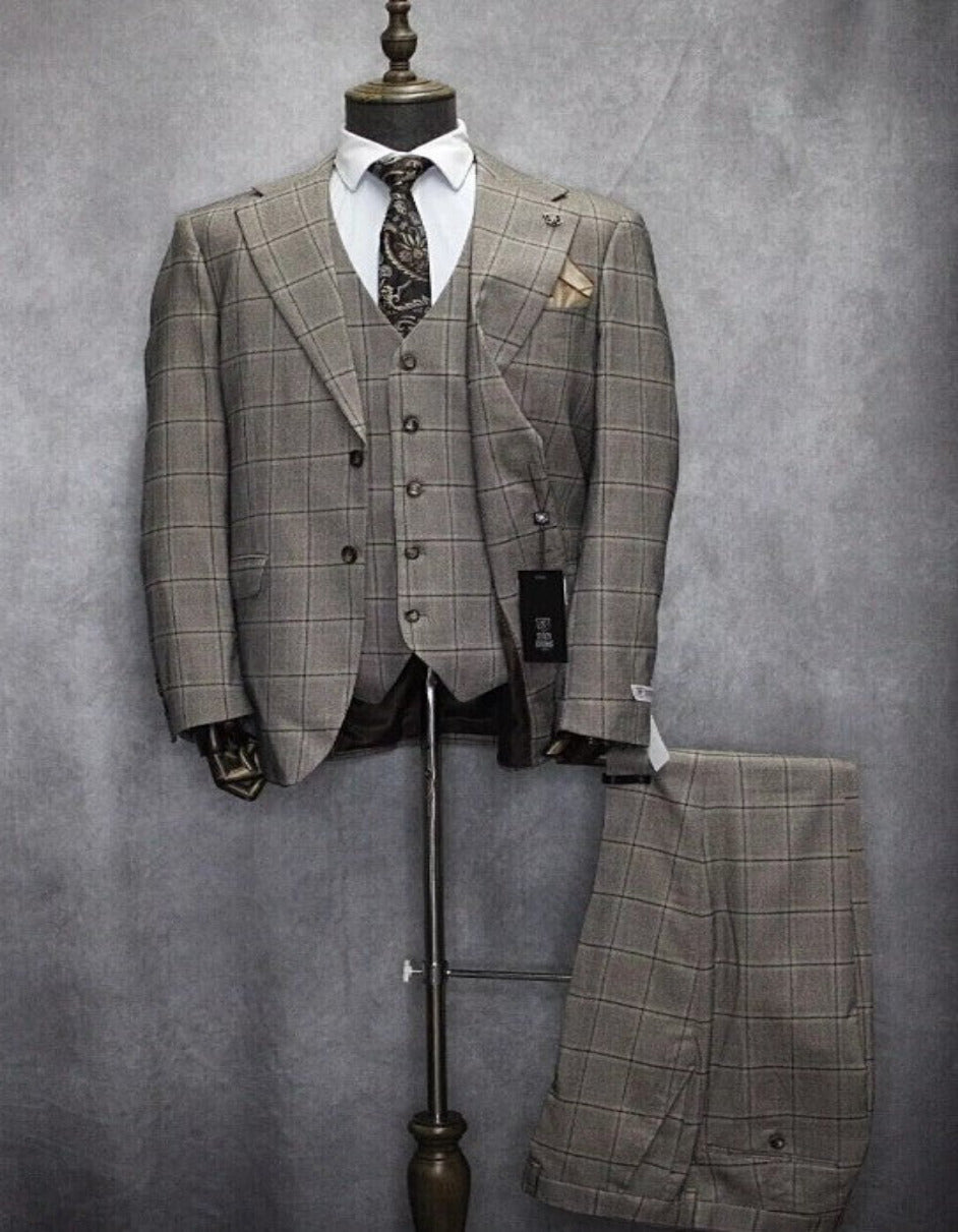 Mens Two Button Notch Lapel Plaid Pattern Suit Tan ~ Brown by USA Men's Outlet
