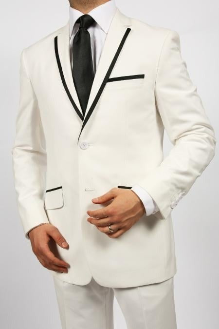 2 Button White Suit Jacket & Pants With Black Trim Lapel Fashion Tuxedo For Men by PROMTUXEDO