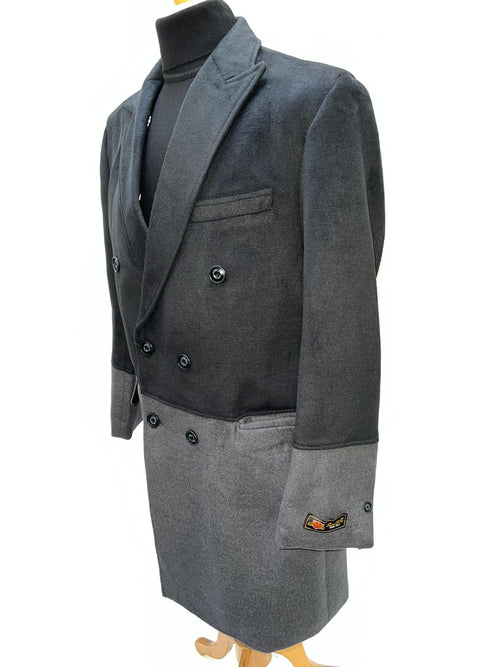 Mens Two-Tone Double-Breasted Overcoat in Black and Charcoal Gray Wool Fabric Topcoat by USA Men's Outlet