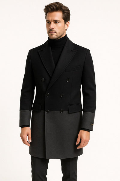 Mens Two-Tone Double-Breasted Overcoat in Black and Charcoal Gray Wool Fabric Topcoat