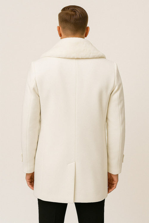 Mens White Peacoat Double-Breasted Overcoat with Faux Fur Shawl Collar - Alberto Nardoni Collection Wool Fabric USA Men's Outlet