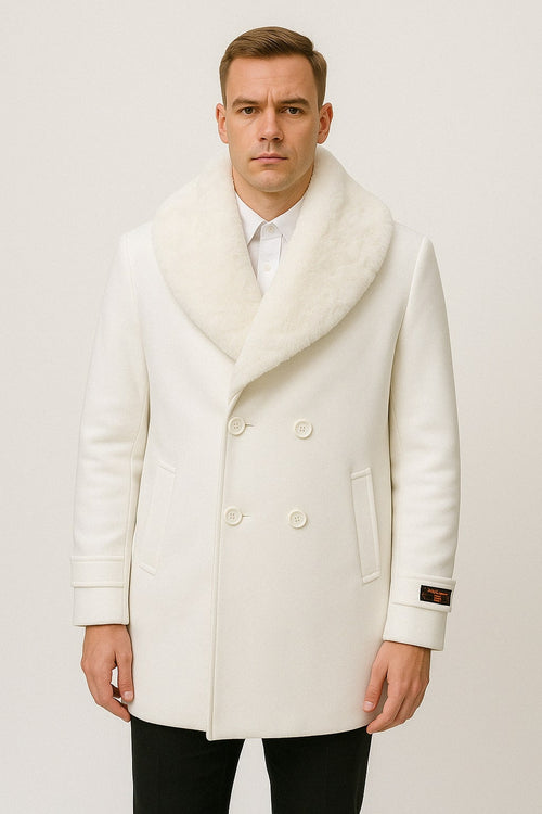 Mens White Peacoat Double-Breasted Overcoat with Faux Fur Shawl Collar - Alberto Nardoni Collection Wool Fabric USA Men's Outlet